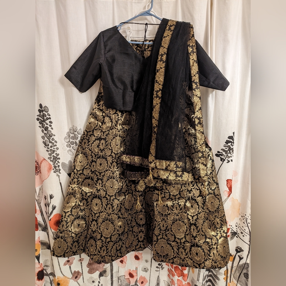 Elegant Black and Gold Brocade A-line Lehenga